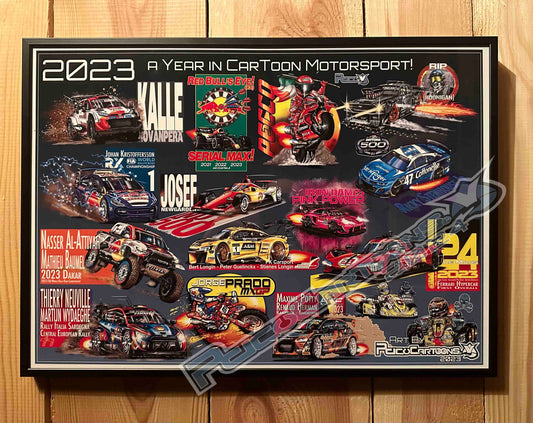 A year in Cartoon Motorsport A3 Poster 2023 in Alu frame.