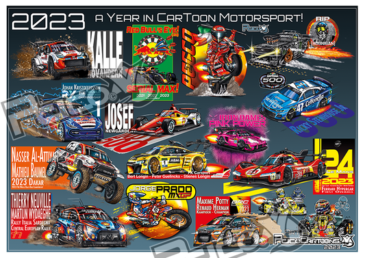 A year in Cartoon Motorsport A3 Poster 2023 in Alu frame.