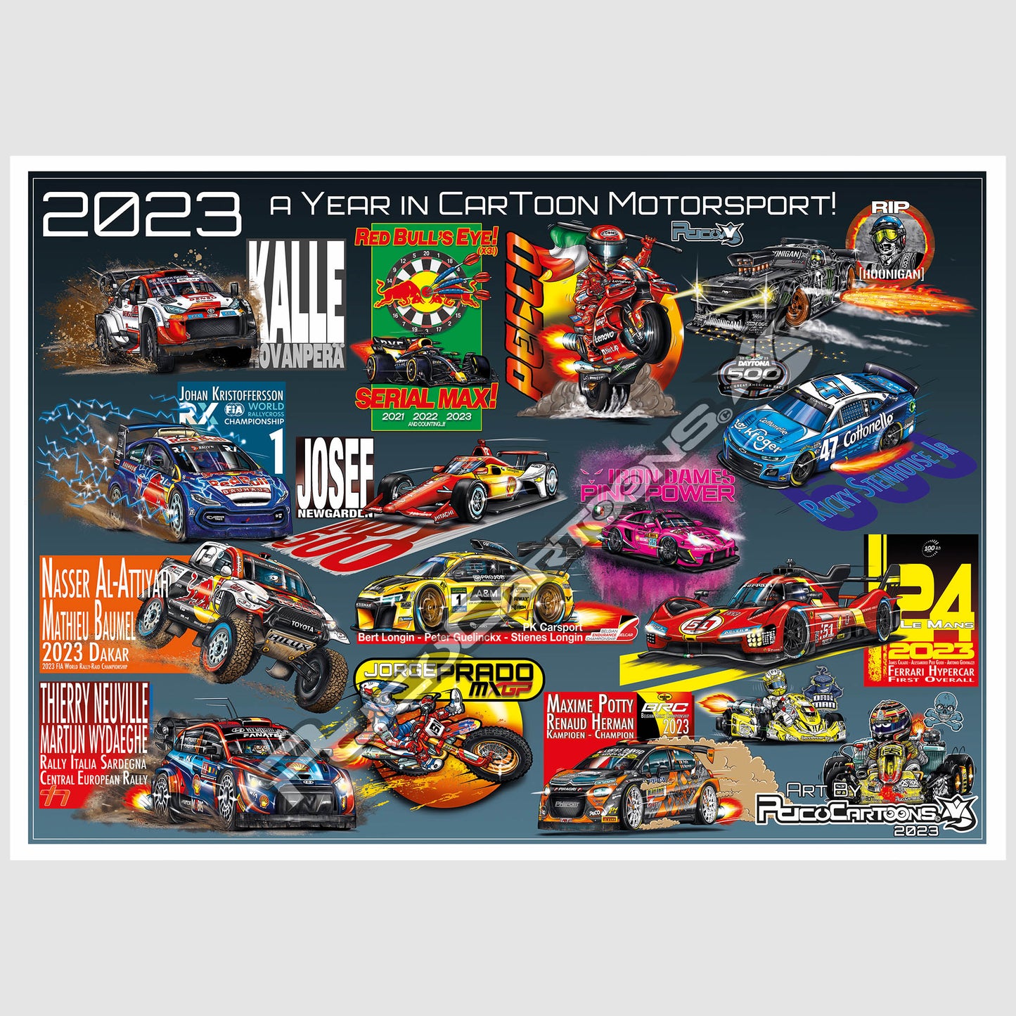 A year in Cartoon Motorsport A3 Poster 2023 in Alu frame.