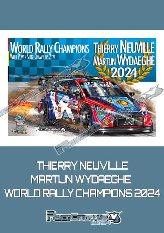 THIERRY NEUVILLE - MARTIJN WYDAEGHE - Vainqueurs du Championnat du monde des rallyes 2024 - Affiche A3 sous cadre alu
